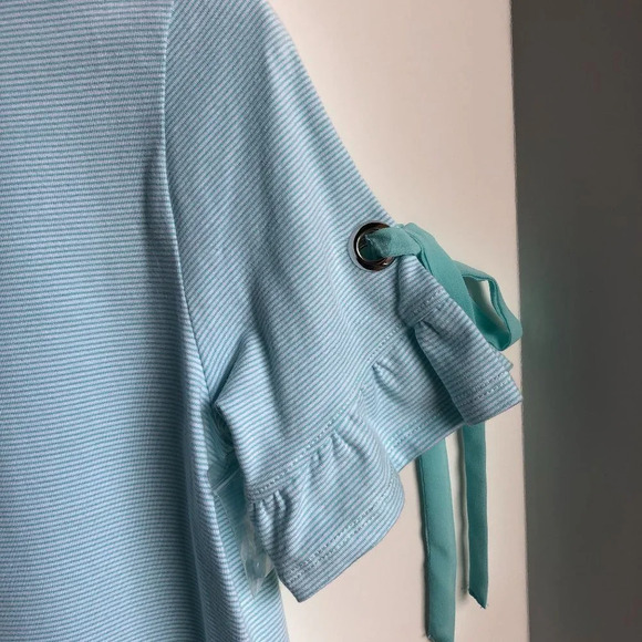 Tribal Short Sleeve Scoop Neck Stripped Top Ruffle Design Blue Aqua Sz S NWT - Picture 2 of 9